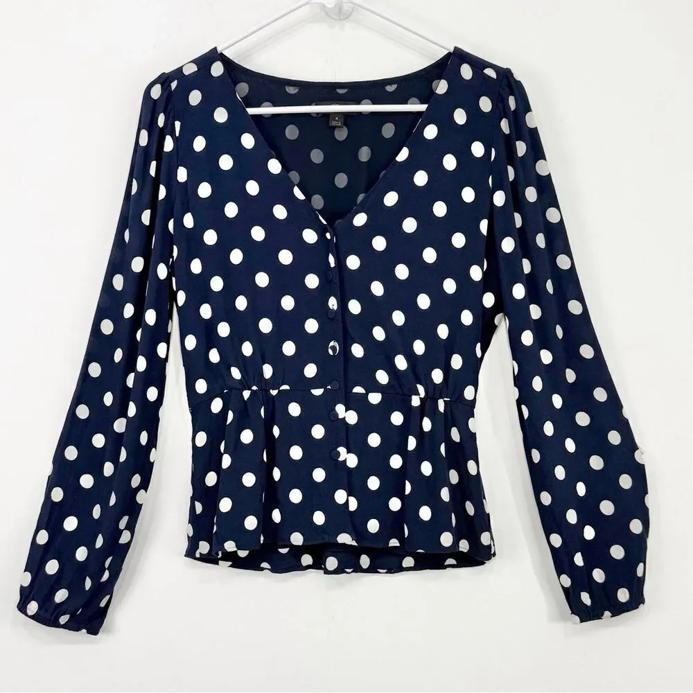 J. Crew Navy Blue White Polka Dot Crepe V Neck Button Front Peplum Blouse